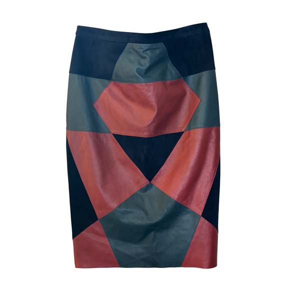 Derek Lam Leather Pencil Skirt Geometric Patchwork High‎ Waist Career 48 - Picture 2 of 13